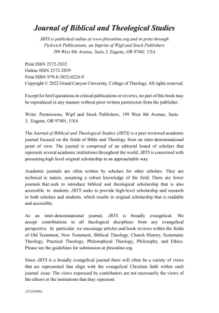 Imagen de portada: Journal of Biblical and Theological Studies, Issue 7.1 9798385202249